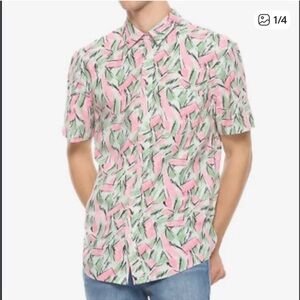Stranger Things Jim Hopper Hawaiian Leaf Pattern Shirt 100% Cotton Pink & Green
